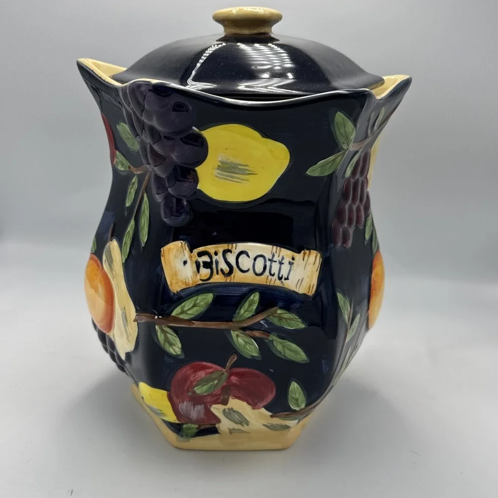 Hand Painted for Nonni's Biscotti Cookie Jar, Raised Fruit, Ceramic Canister